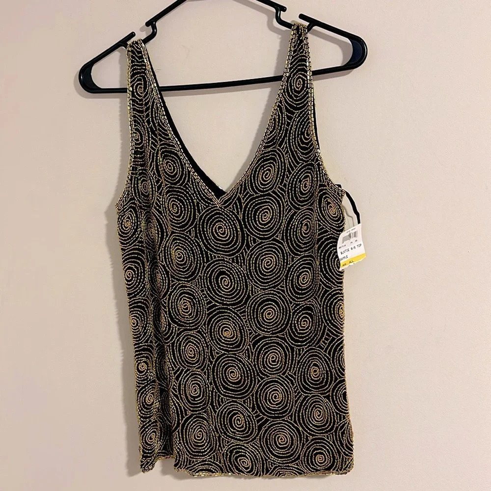 NWT Oleg Cassini black tie VINTAGE 90s silk beaded circle deadstock top blouse
